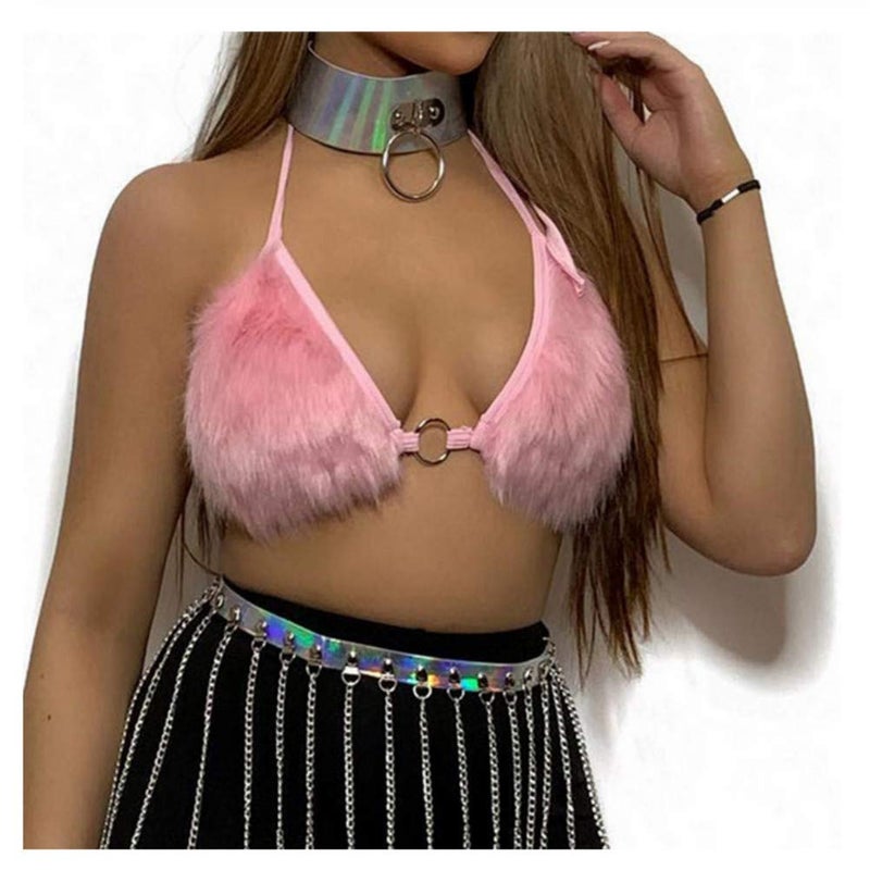 ZGMYC Women Rave Fluffy Fur Triangle Sleeveless Bra Crop Top Sexy Strappy Halter Bandage Camisole for Dance Festival Clubwear Pink, One Size - Image 2